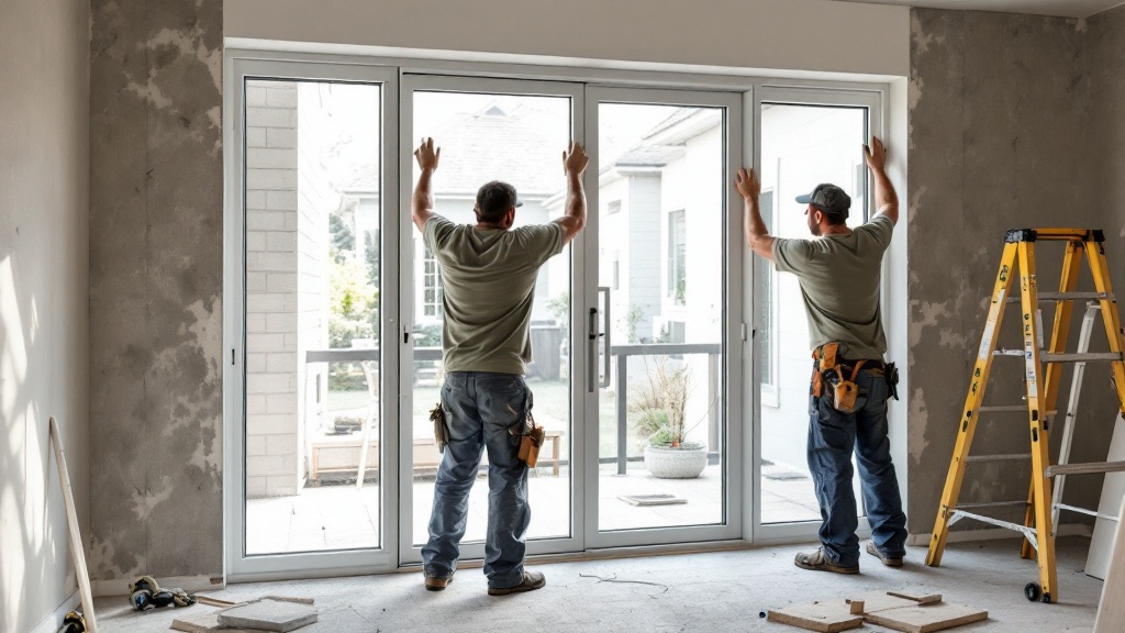 Workers are installing aluminum swing doors