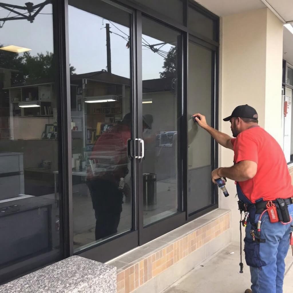 workers are Maintenancing Storefront sliding Windows